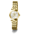 A gold-tone women's watch with a multi-link bracelet, a round white dial with gold Roman numerals, and a mother-of-pearl style center, shown on a clean white background.