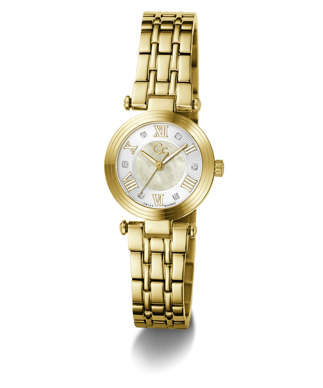 A gold-tone women's watch with a multi-link bracelet, a round white dial with gold Roman numerals, and a mother-of-pearl style center, shown on a clean white background.