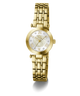 A gold-tone women's watch with a multi-link bracelet, a round white dial with gold Roman numerals, and a mother-of-pearl style center, shown on a clean white background.
