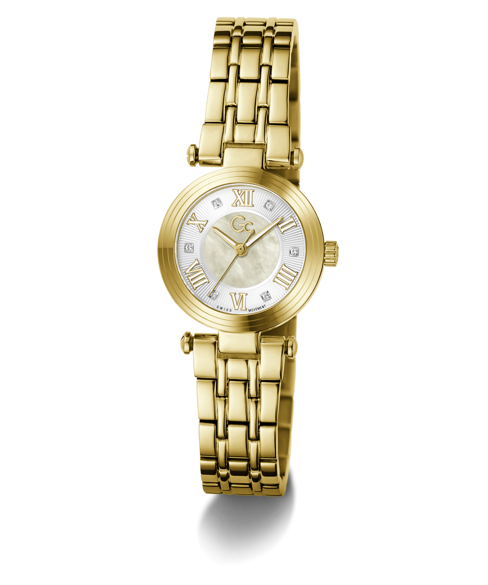 A gold-tone women's watch with a multi-link bracelet, a round white dial with gold Roman numerals, and a mother-of-pearl style center, shown on a clean white background.
