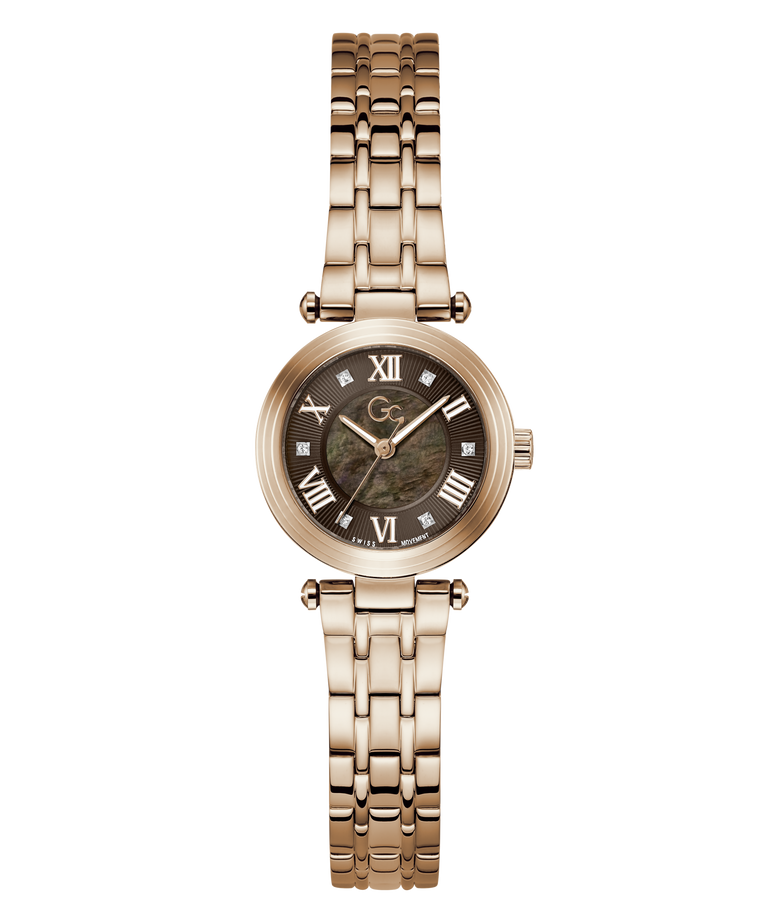 A women's analog watch with a rose gold-toned metal link bracelet, a round bezel, a dark dial with Roman numerals, and a mother-of-pearl style insert.