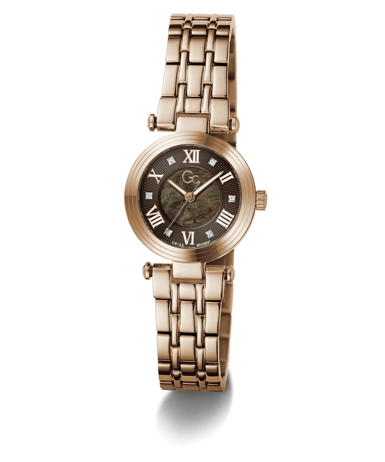 A women's rose gold-tone watch with a multi-link bracelet, a round bezel, and a dark dial featuring Roman numerals and a central logo.