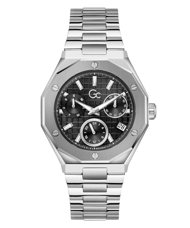 A stainless steel wristwatch with an octagonal bezel, a black textured dial featuring three subdials, and a matching steel link bracelet, shown against a plain white background.