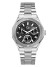 A stainless steel wristwatch with an octagonal bezel, a black textured dial featuring three subdials, and a matching steel link bracelet, shown against a plain white background.