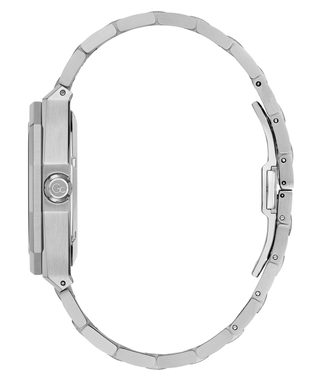 A silver stainless steel watch band with a matching metal case, shown in a side profile view against a solid white background.