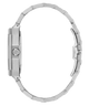 A silver stainless steel watch band with a matching metal case, shown in a side profile view against a solid white background.