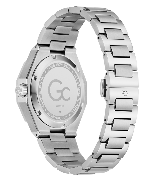 The back view of a stainless steel wrist watch with a multi-link bracelet, featuring a brushed silver case and a polished steel band on a white background.