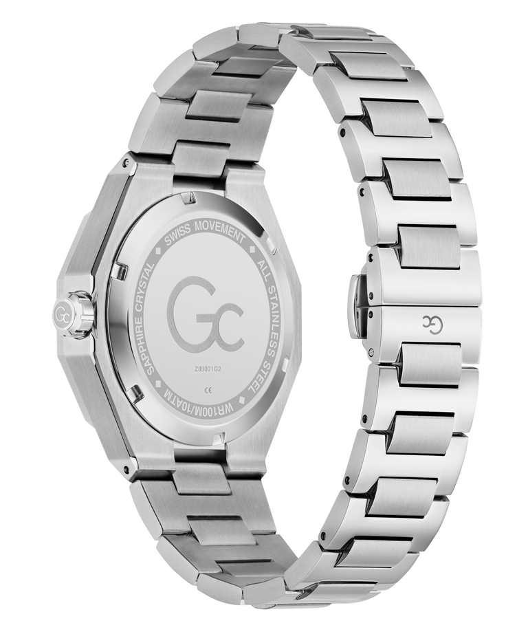 The back view of a stainless steel wrist watch with a multi-link bracelet, featuring a brushed silver case and a polished steel band on a white background.