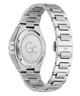 The back view of a stainless steel wrist watch with a multi-link bracelet, featuring a brushed silver case and a polished steel band on a white background.
