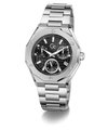 A stainless steel wristwatch with an octagonal bezel, a black textured dial featuring three subdials, and a matching steel link bracelet, shown on a clean white background.
