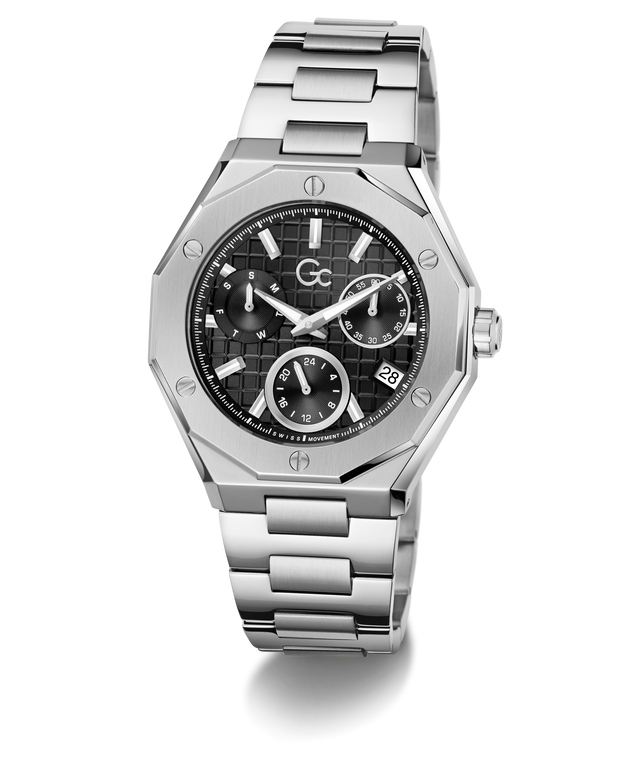 A stainless steel wristwatch with an octagonal bezel, a black textured dial featuring three subdials, and a matching steel link bracelet, shown on a clean white background.