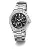 A stainless steel wristwatch with an octagonal bezel, a black textured dial featuring three subdials, and a matching steel link bracelet, shown on a clean white background.