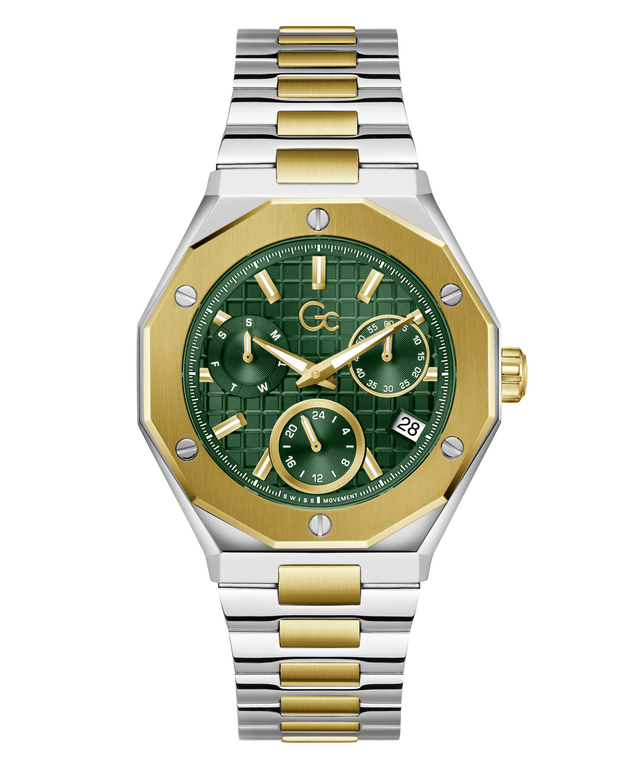 A two-tone stainless steel and gold chronograph watch with a green patterned dial, shown on a plain white background.
