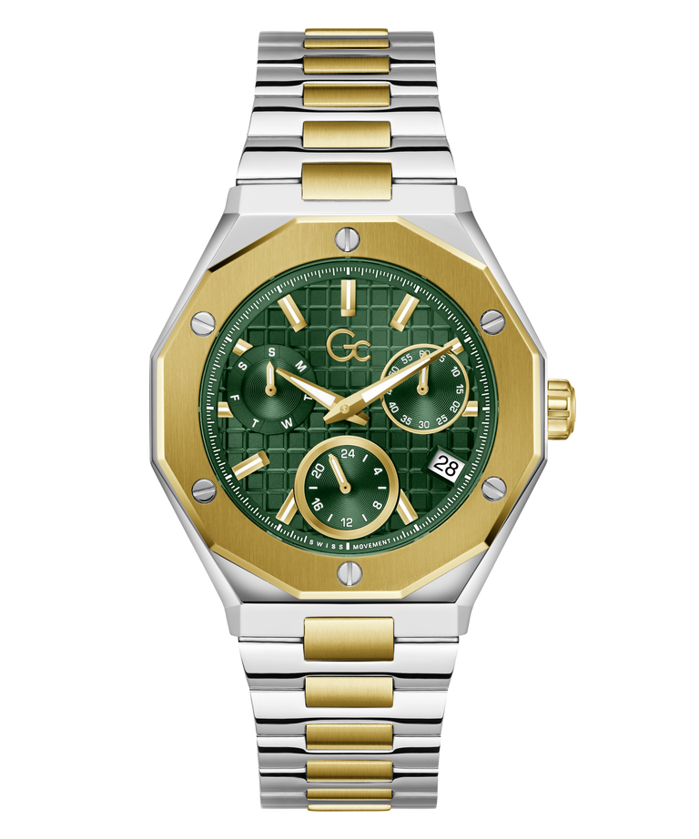 A two-tone stainless steel and gold chronograph watch with a green patterned dial, shown on a plain white background.