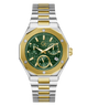 A two-tone stainless steel and gold chronograph watch with a green patterned dial, shown on a plain white background.