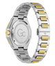 Rear view of a stainless steel and gold-tone watch with a two-tone metal link bracelet, showing the engraved case back and clasp on a white background.