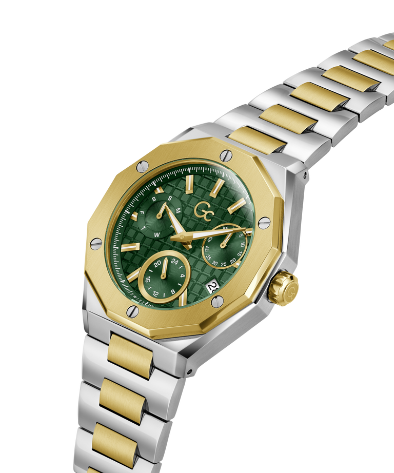 A luxury two-tone watch with a green dial, gold-tone bezel and accents, and a silver-and-gold link bracelet, shown on a clean white background. lifestyle