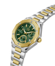 A luxury two-tone watch with a green dial, gold-tone bezel and accents, and a silver-and-gold link bracelet, shown on a clean white background. lifestyle
