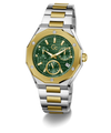 A luxury two-tone watch featuring a green textured dial, gold-tone bezel and hands, and a silver and gold link bracelet, set against a clean white background.