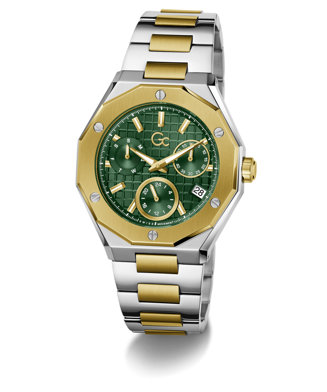 A luxury two-tone watch featuring a green textured dial, gold-tone bezel and hands, and a silver and gold link bracelet, set against a clean white background.