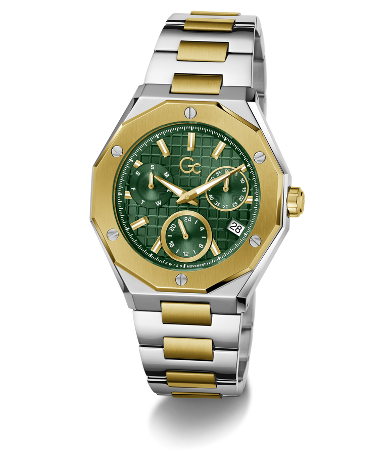 A luxury two-tone watch featuring a green textured dial, gold-tone bezel and hands, and a silver and gold link bracelet, set against a clean white background.