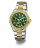 A luxury two-tone watch featuring a green textured dial, gold-tone bezel and hands, and a silver and gold link bracelet, set against a clean white background.