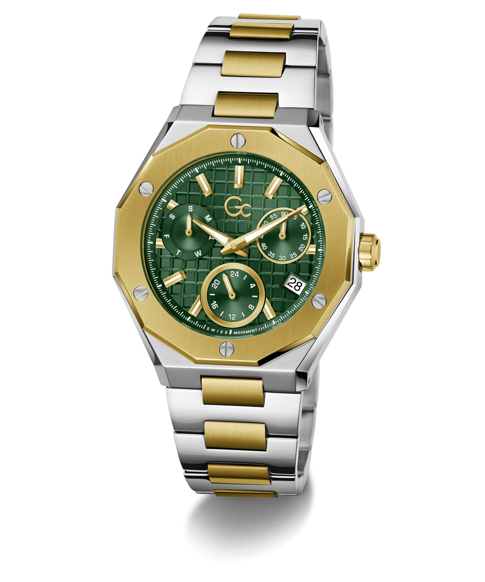 A luxury two-tone watch featuring a green textured dial, gold-tone bezel and hands, and a silver and gold link bracelet, set against a clean white background.