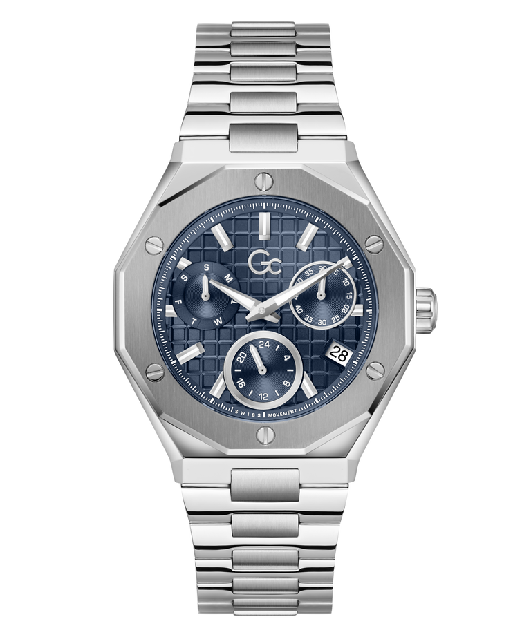 A stainless steel wristwatch with an octagonal bezel, a textured blue dial, and a matching steel link bracelet, shown against a plain white background.