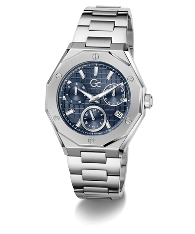 A stainless steel wristwatch with an octagonal bezel, a textured blue dial, and a matching steel link bracelet, shown on a clean white background.