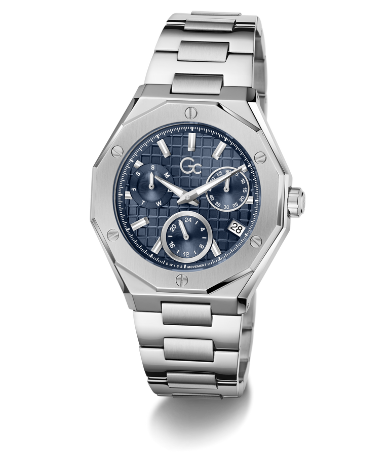 A stainless steel wristwatch with an octagonal bezel, a textured blue dial, and a matching steel link bracelet, shown on a clean white background.