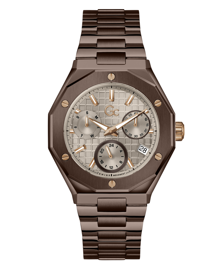 A luxury wristwatch with a dark brown metallic octagonal case and matching link bracelet, featuring a champagne-gold patterned dial with rose gold accents and sub-dials.
