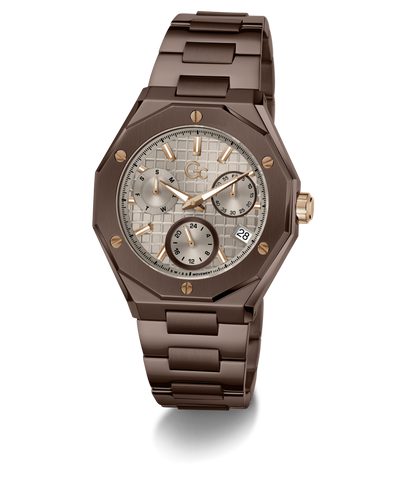 A luxury wristwatch with an octagonal dark brown metal case and matching link bracelet, featuring a textured light gray dial with rose gold-tone hands, markers, and subdials.