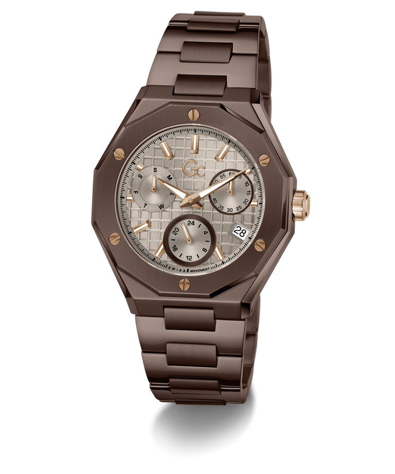 A luxury wristwatch with an octagonal dark brown metal case and matching link bracelet, featuring a textured light gray dial with rose gold-tone hands, markers, and subdials.