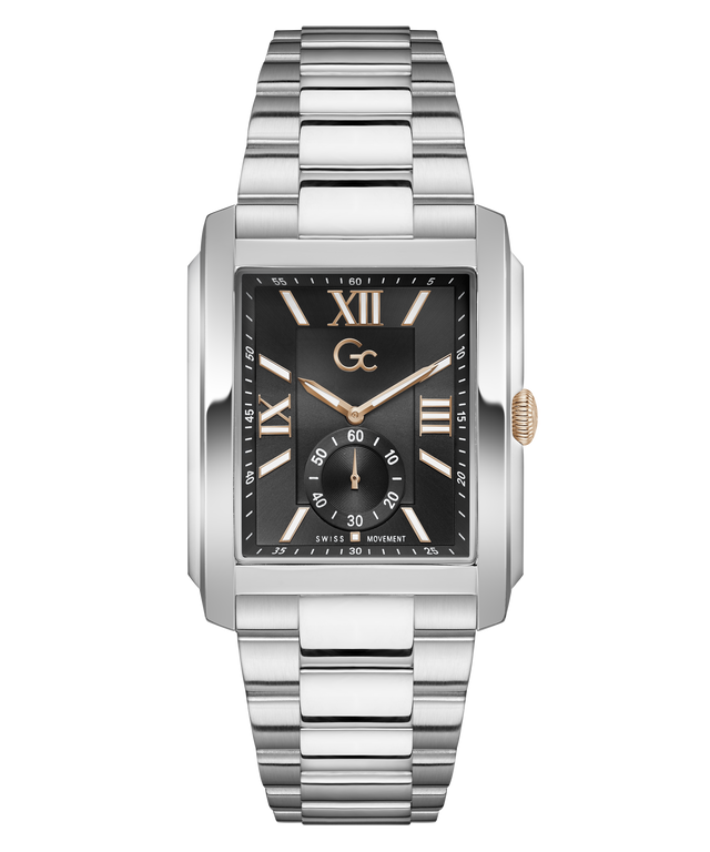 A rectangular stainless steel wristwatch with a black dial, silver-tone metal bracelet, and a small gold-tone crown accent, shown on a plain white background.