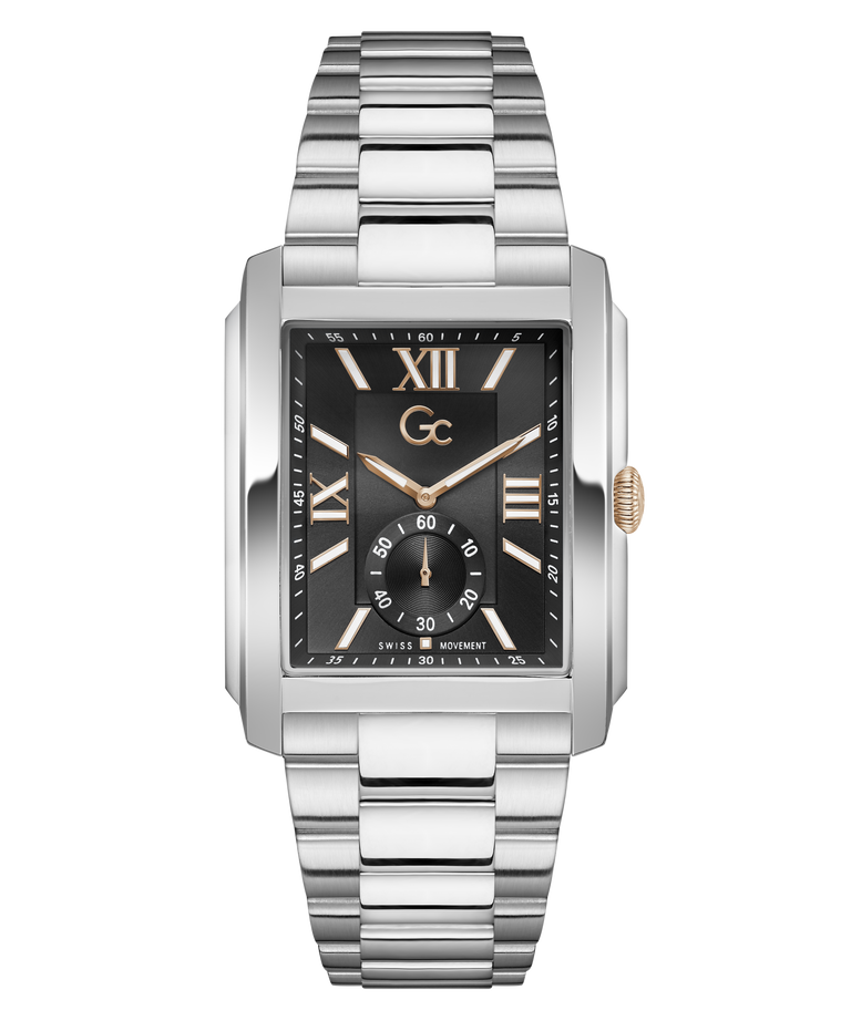 A rectangular stainless steel wristwatch with a black dial, silver-tone metal bracelet, and a small gold-tone crown accent, shown on a plain white background.