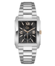 A rectangular stainless steel wristwatch with a black dial, silver-tone metal bracelet, and a small gold-tone crown accent, shown on a plain white background.