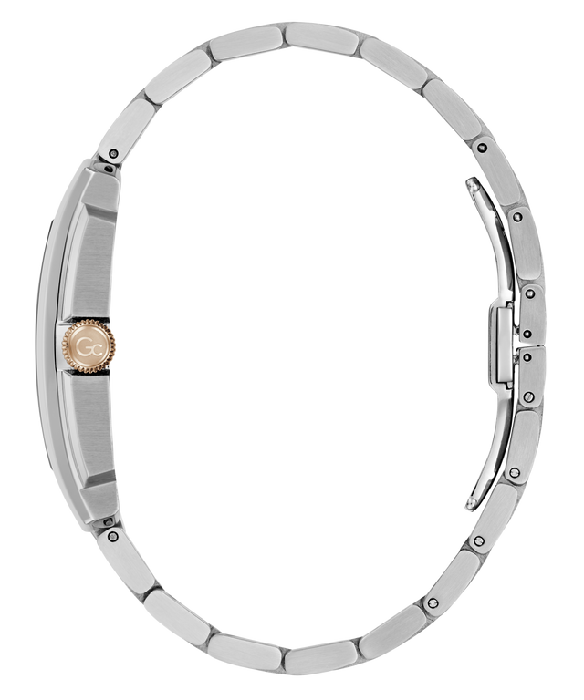 A close-up side view of a silver-toned metal watch with a matching link bracelet, featuring a round crown guard and a gold-tone crown on a plain white background.