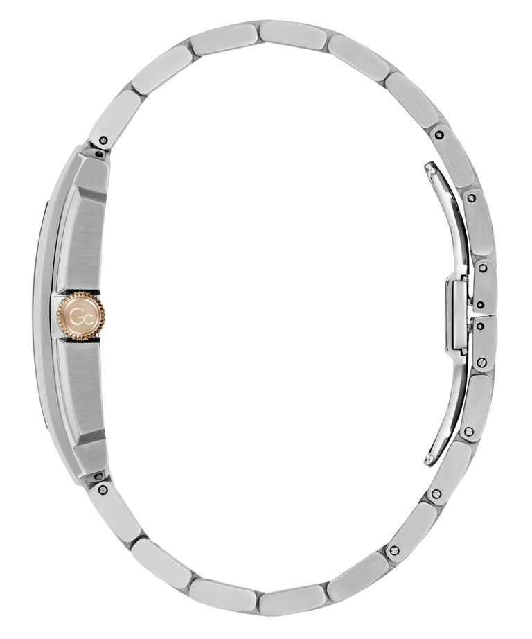 A close-up side view of a silver-toned metal watch with a matching link bracelet, featuring a round crown guard and a gold-tone crown on a plain white background.