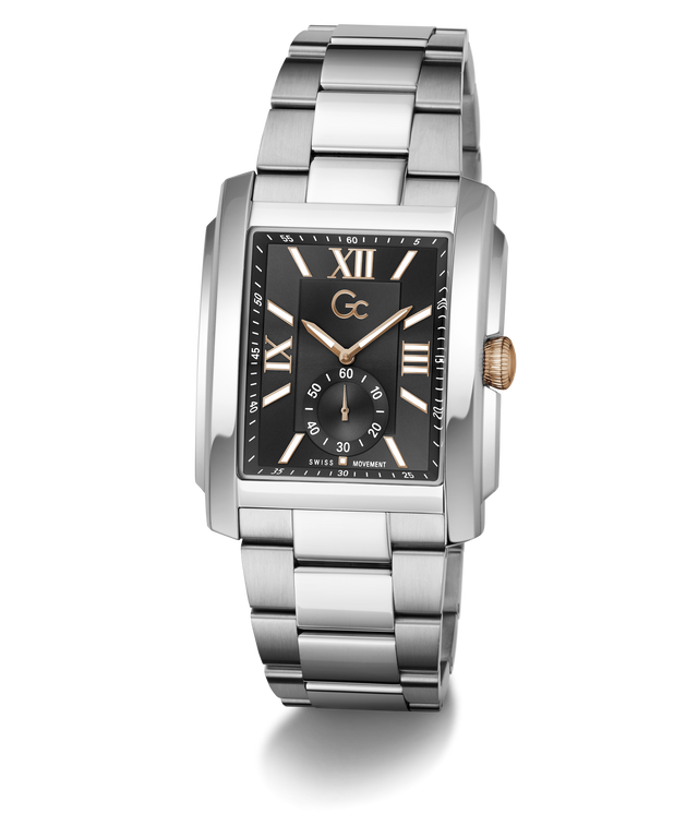 A stainless steel men's watch with a rectangular case, black dial, gold-tone hands and markers, and a matching steel link bracelet, shown on a clean white background.