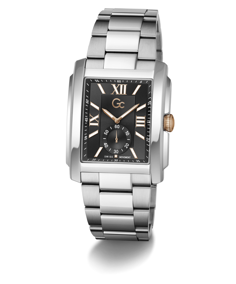 A stainless steel men's watch with a rectangular case, black dial, gold-tone hands and markers, and a matching steel link bracelet, shown on a clean white background.