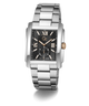 A stainless steel men's watch with a rectangular case, black dial, gold-tone hands and markers, and a matching steel link bracelet, shown on a clean white background.