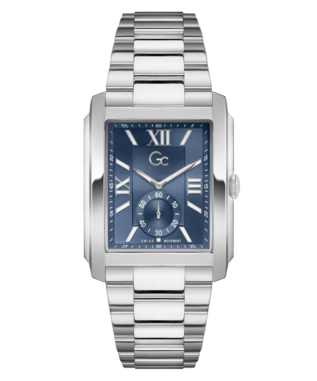 A silver stainless steel wristwatch with a rectangular blue dial, Roman numeral hour markers, and a matching steel link bracelet, shown against a plain white background.