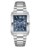 A silver stainless steel wristwatch with a rectangular blue dial, Roman numeral hour markers, and a matching steel link bracelet, shown against a plain white background.