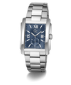 A silver stainless steel wristwatch with a rectangular blue dial, Roman numeral hour markers, and a matching silver metal link bracelet, shown on a clean white background.