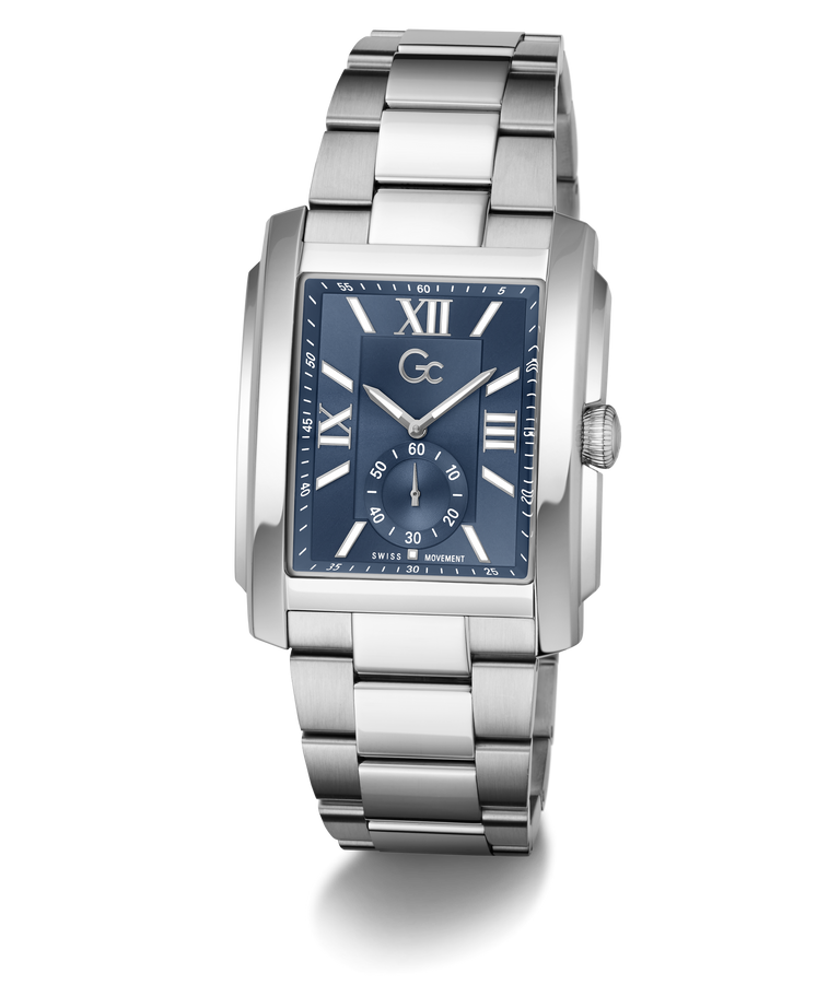 A silver stainless steel wristwatch with a rectangular blue dial, Roman numeral hour markers, and a matching silver metal link bracelet, shown on a clean white background.