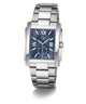 A silver stainless steel wristwatch with a rectangular blue dial, Roman numeral hour markers, and a matching silver metal link bracelet, shown on a clean white background.
