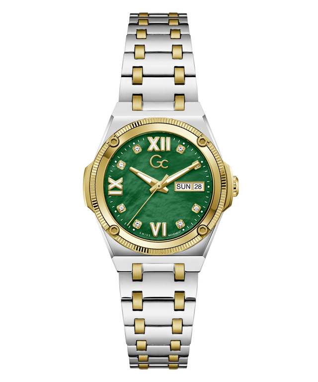 A women's two-tone stainless steel and gold watch with a green dial, Roman numeral hour markers, and a day-date window at 3 o'clock, shown on a solid white background.