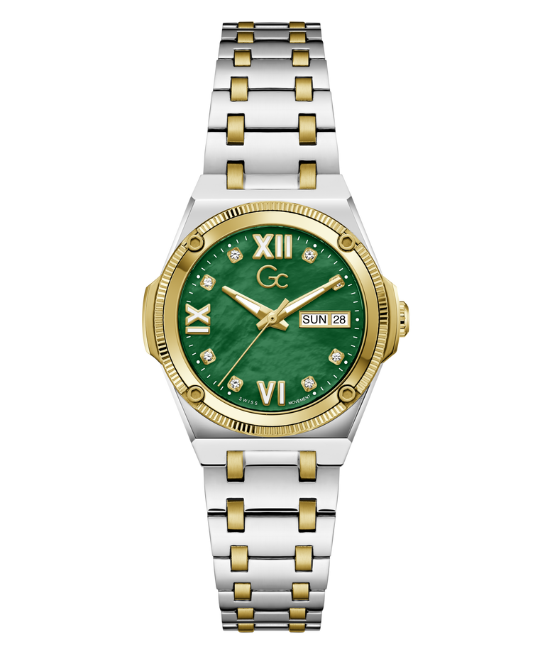 A women's two-tone stainless steel and gold watch with a green dial, Roman numeral hour markers, and a day-date window at 3 o'clock, shown on a solid white background.