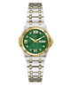 A women's two-tone stainless steel and gold watch with a green dial, Roman numeral hour markers, and a day-date window at 3 o'clock, shown on a solid white background.
