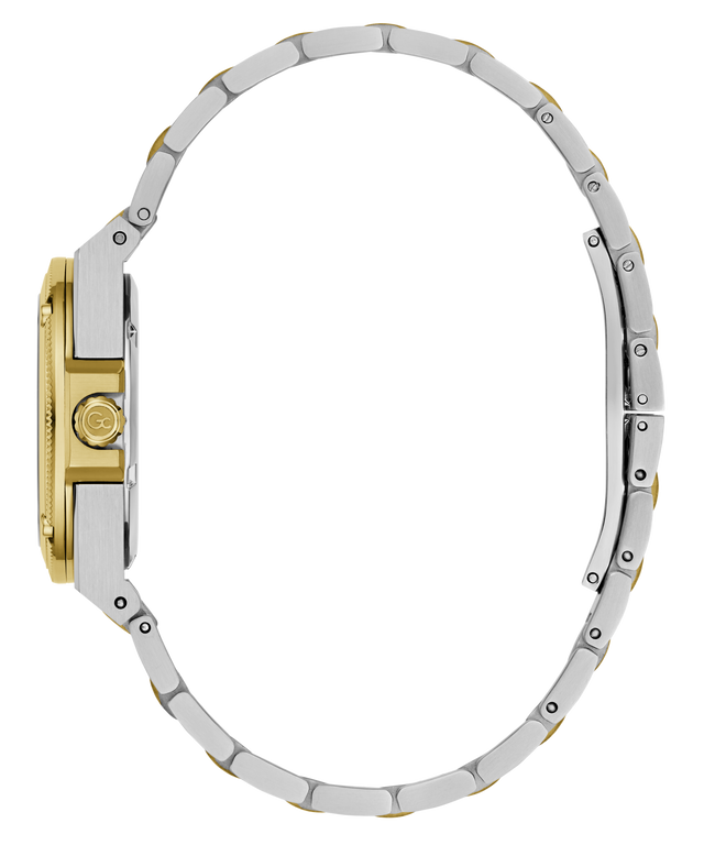 A two-tone metal watch band shown from the side profile, featuring polished silver-toned links with gold-toned accents and a matching gold-toned case end visible on the left, set against a plain white background.